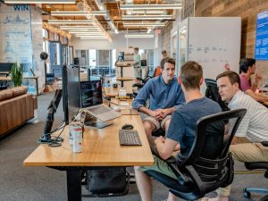 A team discussing ideas in a bright meeting room